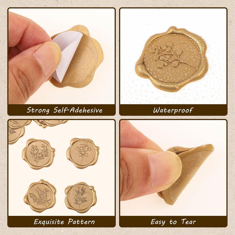 WSICSE 60Pcs Wax Seal Stickers, Wedding Invitation Envelope Seal Stickers Adhesive Backed Light Gold for Wedding, Party,Valentine's Day,Mother's Day, Gift Wrapping (4 Leaf Styles) - Image 3